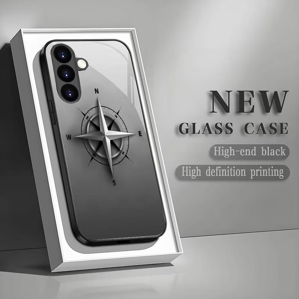 Compass pattern tempered glass phone case suitable for Samsung GalaxyS26 S25 S24 S23 S22 S20FE/Ultra/Plus5G anti drop back cover