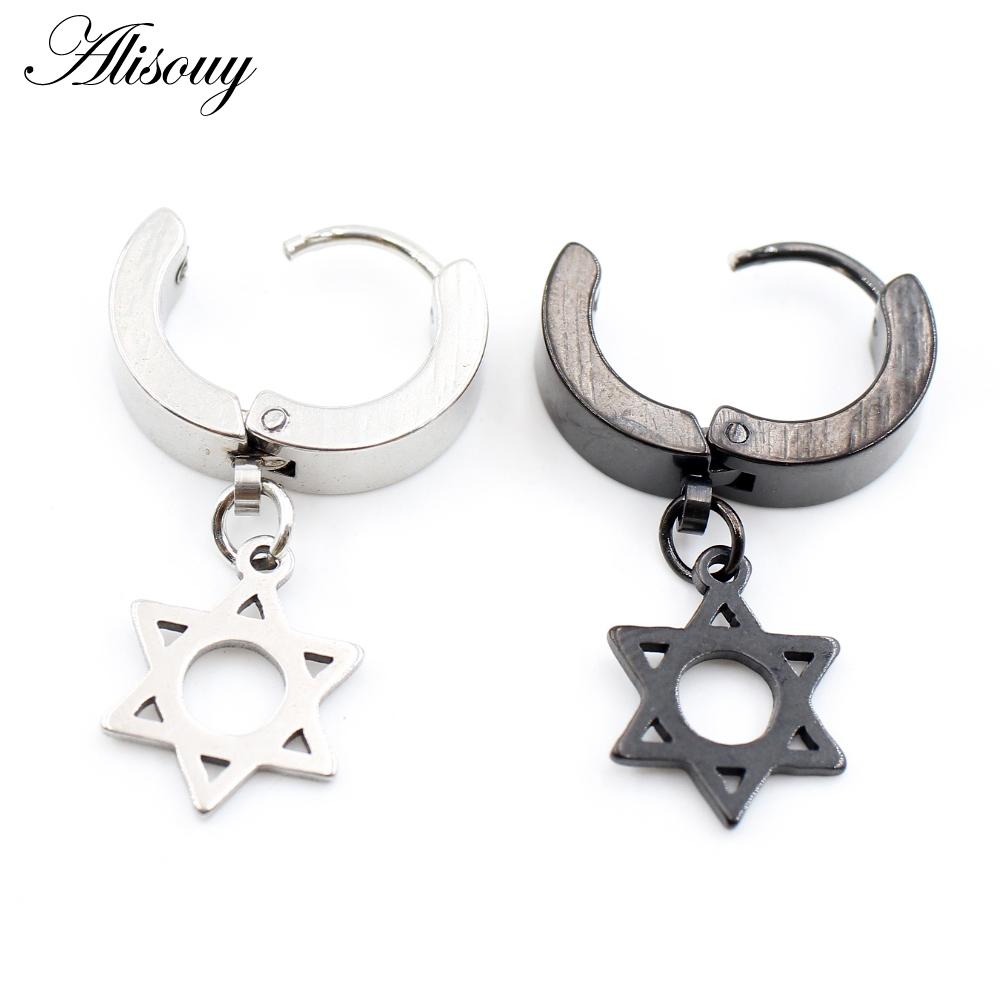 Alisouy 2PCS Stainless Steel Star Cross Snake Spike Skull Sword Blade Chain Feather Spider Dangle Women Men Huggie Hoop Earrings