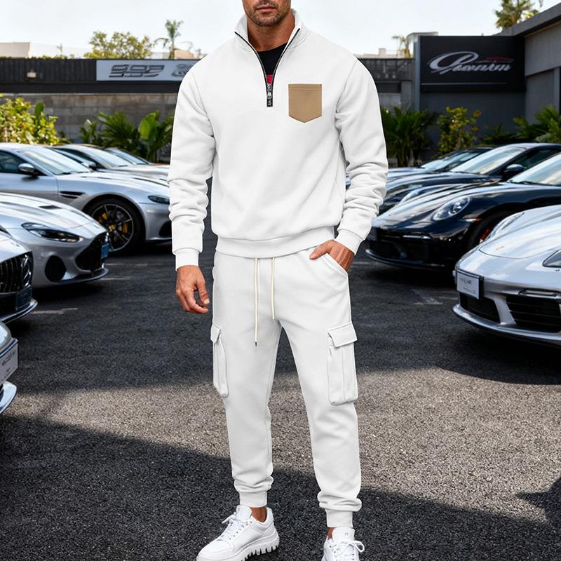 Autumn/Winter Heavyweight Men's Oversized Fleece-Lined Workwear Commuter Stand-Collar Sweatshirt & Workwear Sweatpants Two-Piece Set