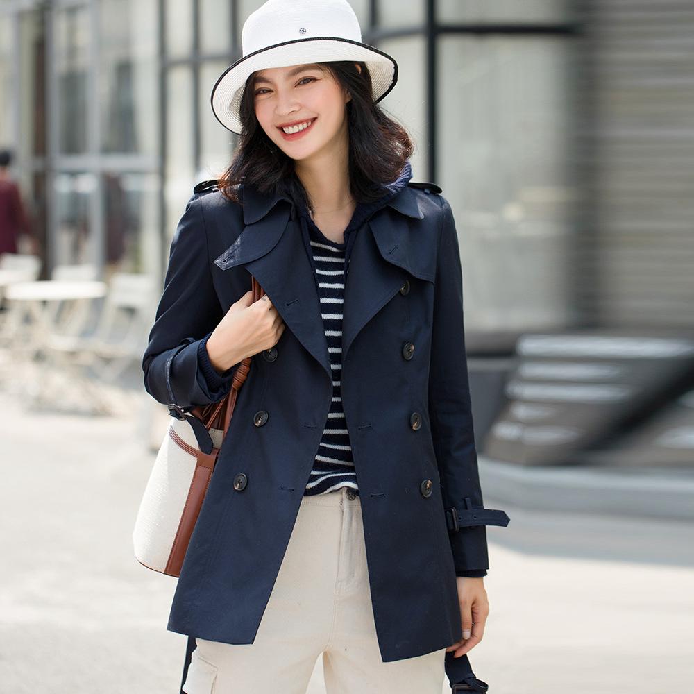 

Shenghong Chunxin JING Dian Двубортное приталенное ветрозащитное пальто с поясом Женское 2080 L темно-синий