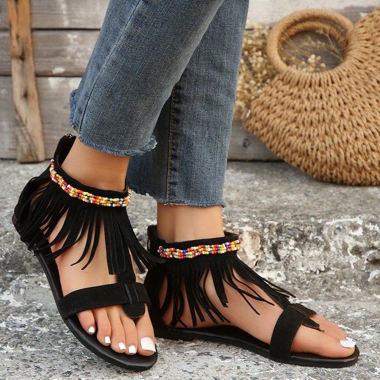 Large Size Retro Famous Style Fashion Flat Sandals Summer New Tassel One Word with Women's Shoes