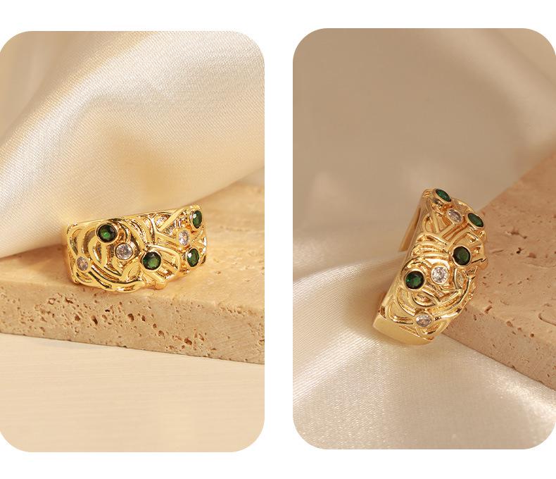18k Gold-Plated Copper Ring with Colored Cubic Zirconia, Irregular Engraved Pattern, European & American Retro Fashion Jewelry for Women.