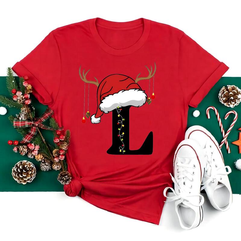 New 26 AZ Christmas Alphabet T Shirt Women Casual Fashion Tshirt Short Sleeve Christmas Party Aesthetics fashion Clothing