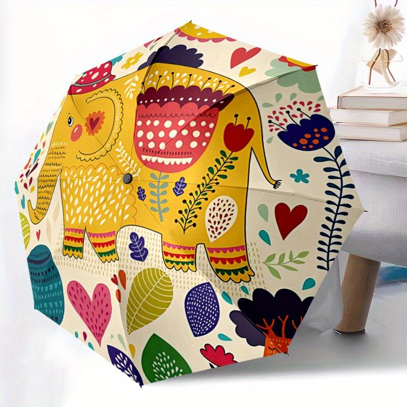 1pc Elephant Floral Auto Umbrella   Auto Open/Close Folding Umbrella with  8 Rib Frame, 3 Fold Compact Umbrella for Men & Women, 108
