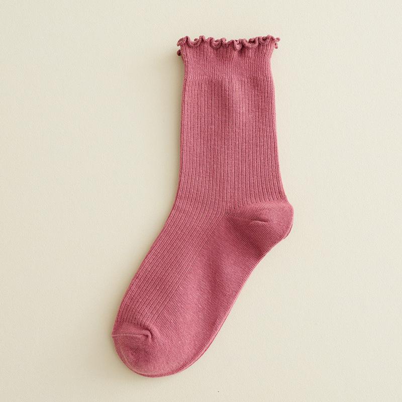 Women's Japanese Style Black Lace-Trimmed Mid-Calf Cotton Socks - Cute Slouchy Autumn/Winter Solid Color Trendy Long Socks.