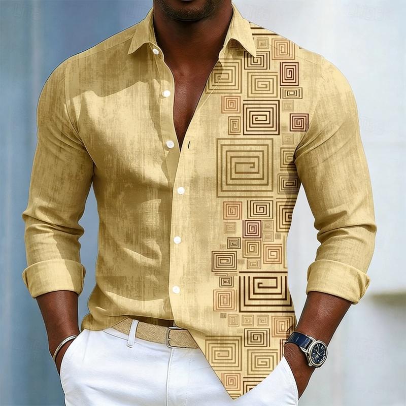 Herrenhemd mit geometrischem Musterdruck, Langarmhemd für Herren, Schwarzes Slim Fit Hemd, Modisches Design, Herrenbekleidung