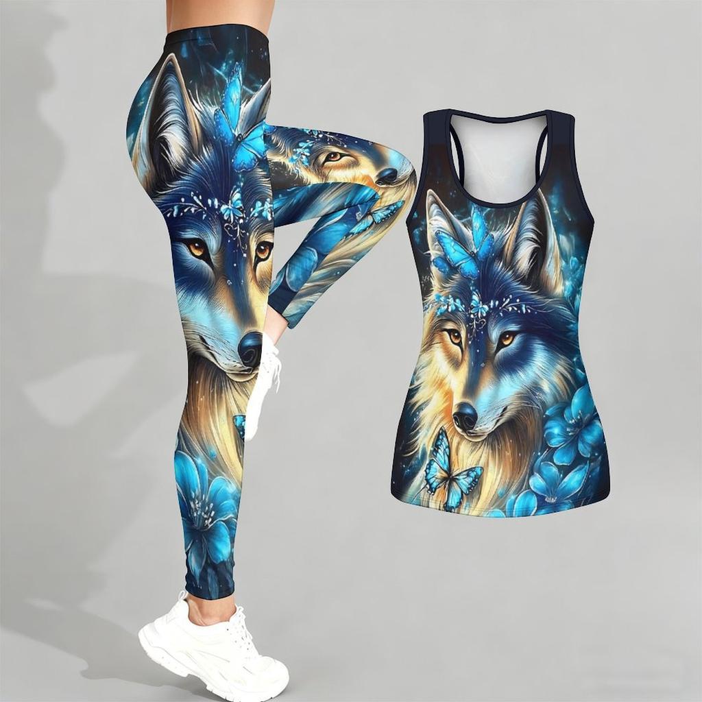 Silny Wilk Wzór Nadruk Strój do Jogi dla Kobiet Moda Legginsy Treningowe Fitness Sportowy Codzienny Zestaw do Jogi Garnitur Sportowy