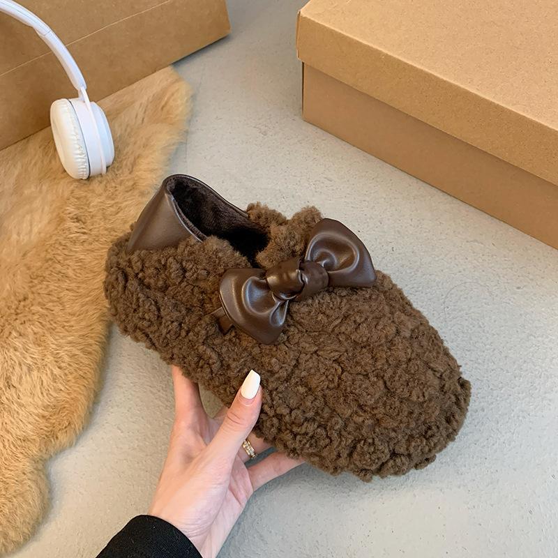 

Bow leopard print fluffy shoes for women outside 2024 autumn and winter, sweet and warm, one-pedal cotton shoes, velvet bean shoes 35 хаки