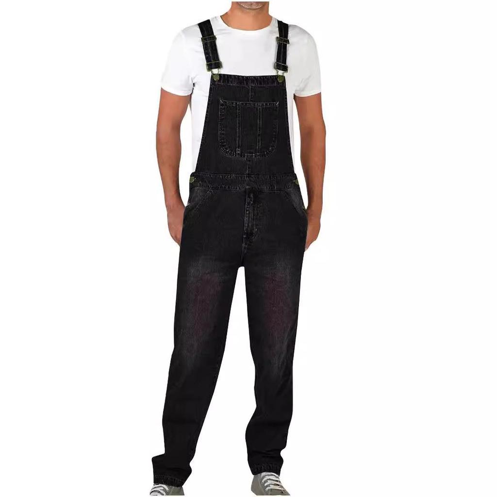 Men's Slim-Fit Retro Denim Overalls - Large Size, Solid Color