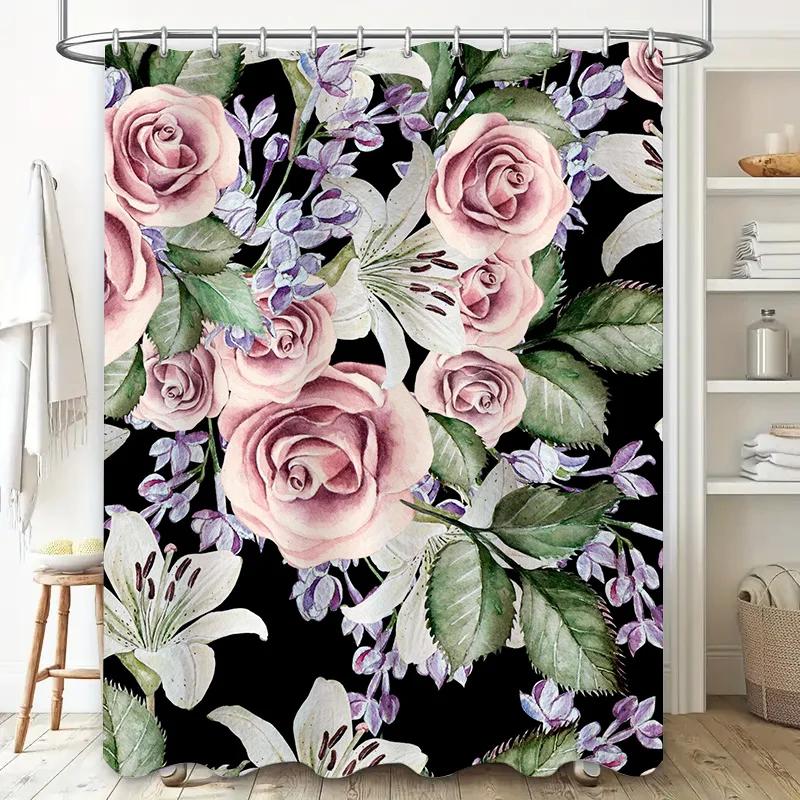 Floral Shower Curtain Pink Rose White Lilies Waterproof Polyester Bathtub Decorative Bathroom Window Curtains 3D Print Showercur