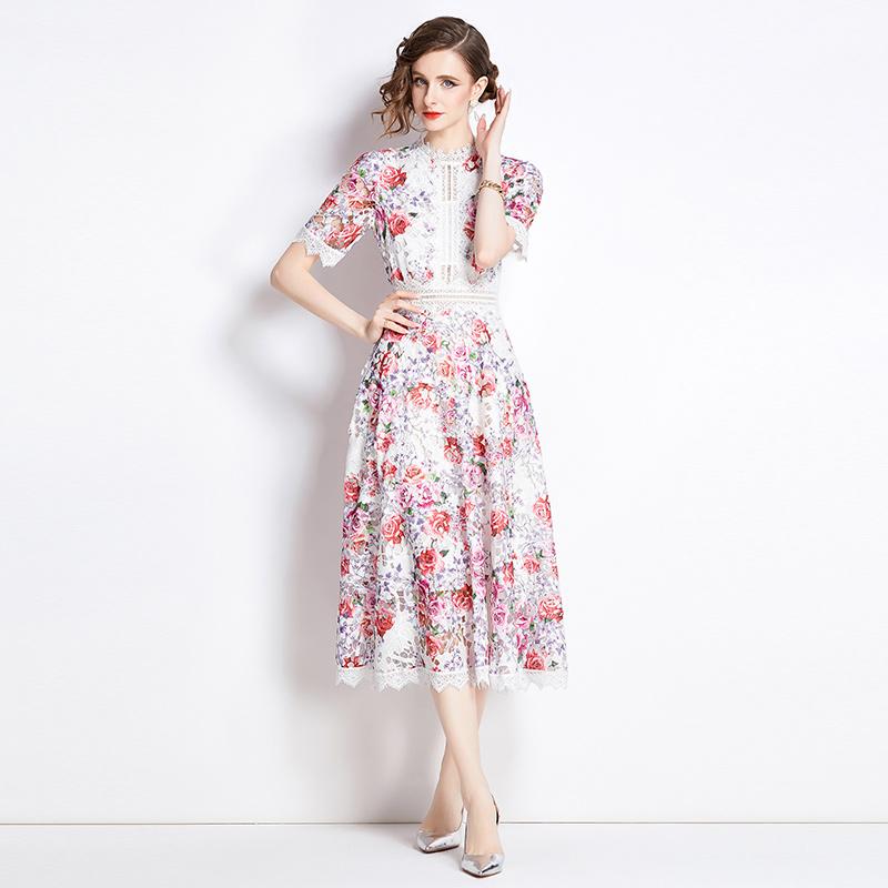 Elegant Floral Print Lace Summer Dress for Women High Quality Hollow Out Short Sleeve Slim Party Dress Robes Femme