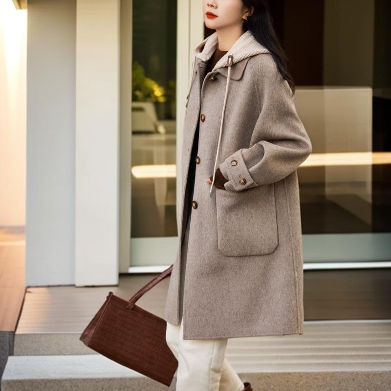 Women Double-sided Cashmere Coat Female Solid Long Hooded Single Breasted Warm Woolen Coats Loose Autumn Winter