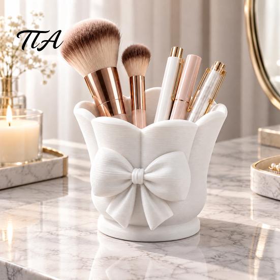Stable Plastic Brush Container 3D Printed Bow Pen Holder, Petal Shape Makeup Minimalist Cream Style Stationery Storage Desktop Organizer, for