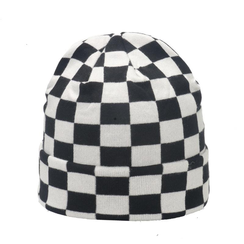 Japanese and Korean Version of Autumn and Winter Niche Trend Versatile Checkerboard Knitted Hat Small Face Versatile Internet Celebrity Wool Hat Women