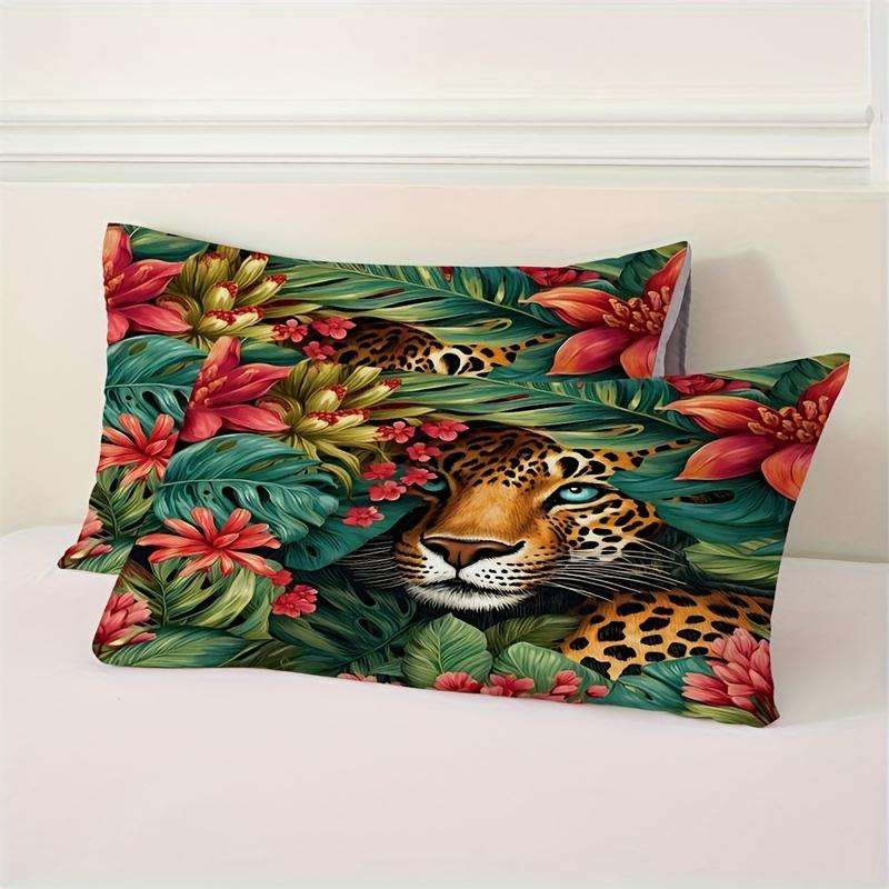 2/3Pcs Tropical Green Leaves Leopard Print Duvet Cover Set (1 Duvet Cover + 1/2 Pillowcase, Without Core), Jungle Leopard Shadow