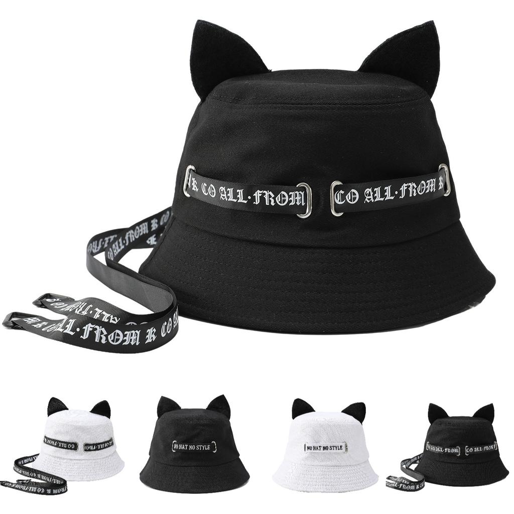 Cat ears white bucket hat men and women summer streamer letter washbasin hat plain sun hat