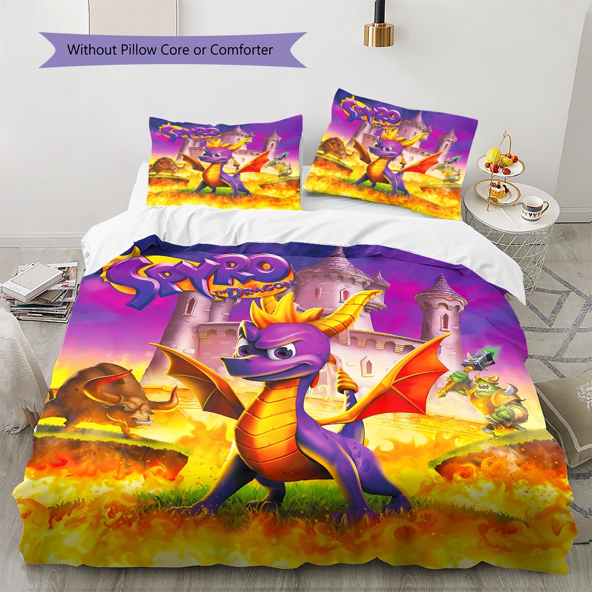 Spyro Reignited Trilogy Pattern Bedding,Quilt Set Quilt Cover Pillowcase Home Birthday Gift (1 * duvet cover + 2 * pillowcase, without core) 135x200cm