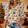 Women's Casual V-Neck Top with Christmas Print and Three-Quarter Sleeves