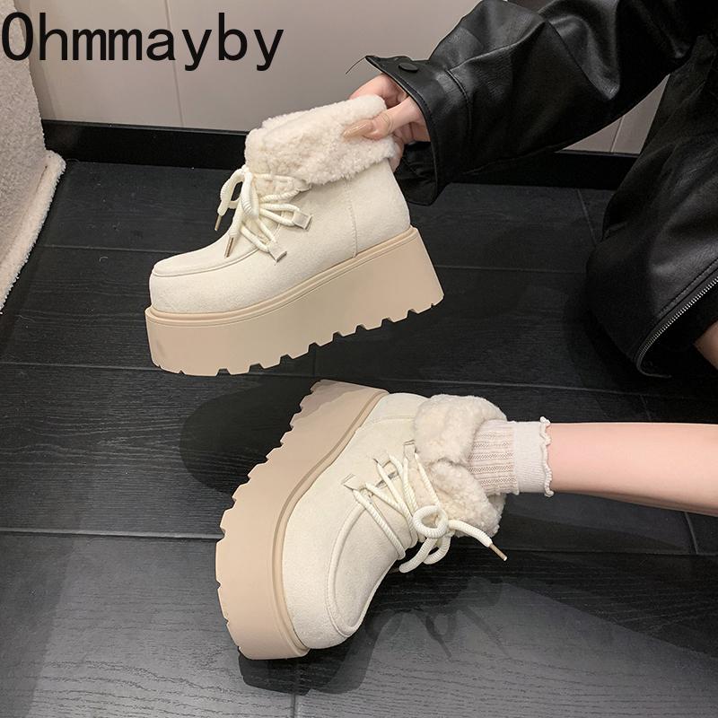 Winter Chunky Platform Heels Women Fur Snow Boots Keep Warm Height Increase Warm Cotton Short Booties Shoes  Mujer