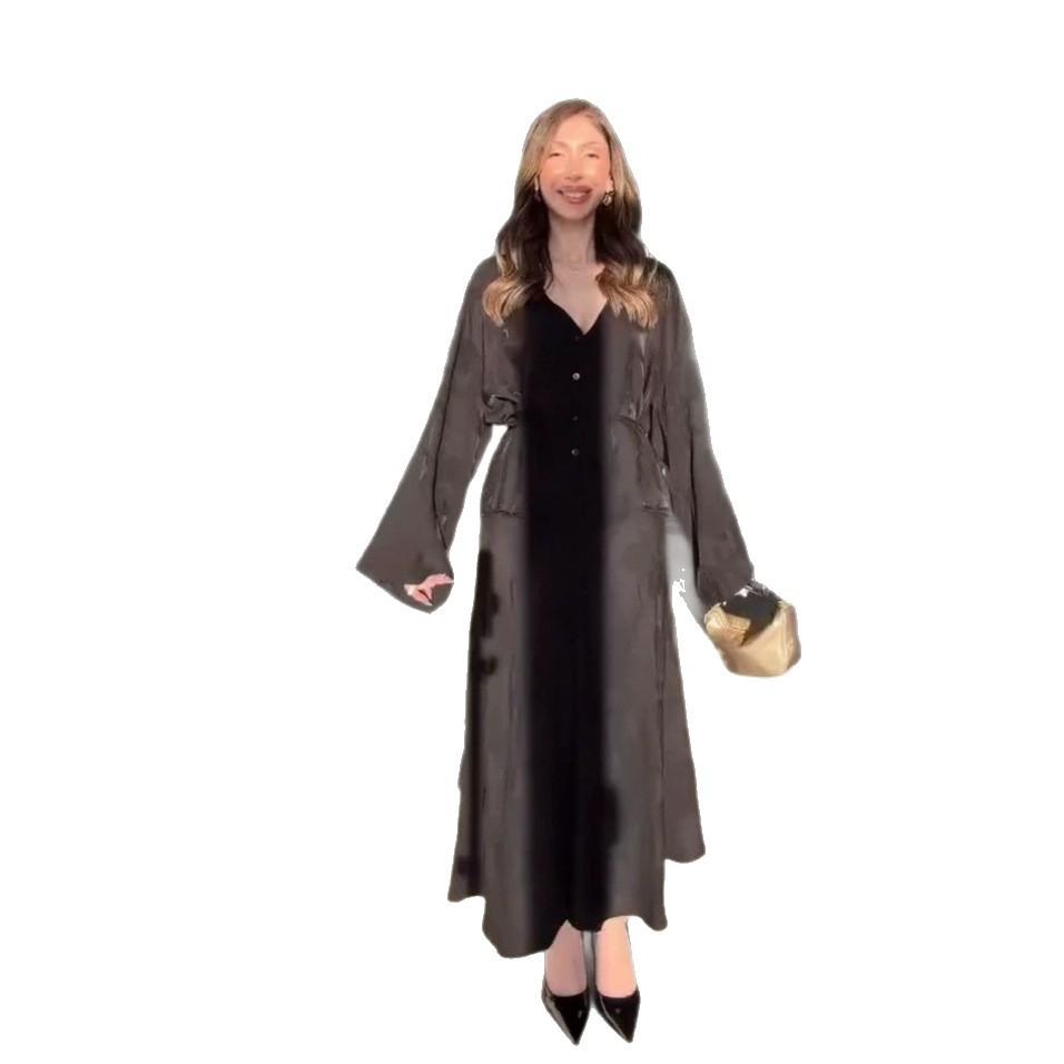 European and American Amazon Women's New V-Neck Long Sleeve Lotus Leaf Edge Waist Top Wide Pendulum Long Skirt Temperament Set