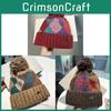 Knitted Geometric Pattern Wool Beanie With Faux Fur Balls For Winter Women