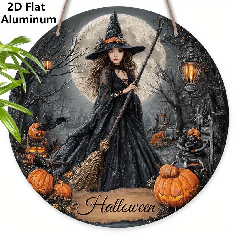 

2D Flat Aluminium Halloween Sign with Witch Pattern - Halloween Figurine Ornaments - Ideal for Front Door, Wall, Porch, Window Decor - Ideal 7.87×7.87inch