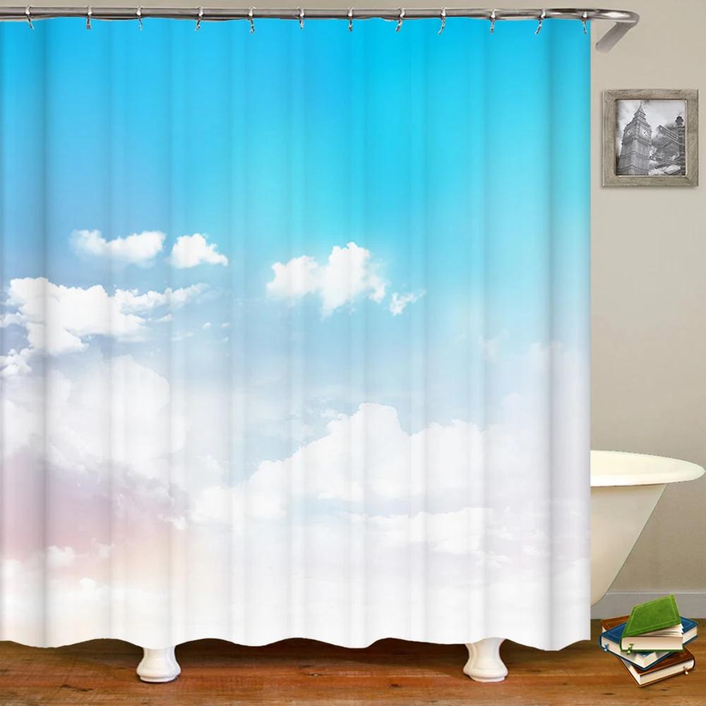 Natural landscape Blue Sky White Clouds Shower Curtains Bathroom Curtain Frabic Waterproof Polyester Bath Curtain with Hooks