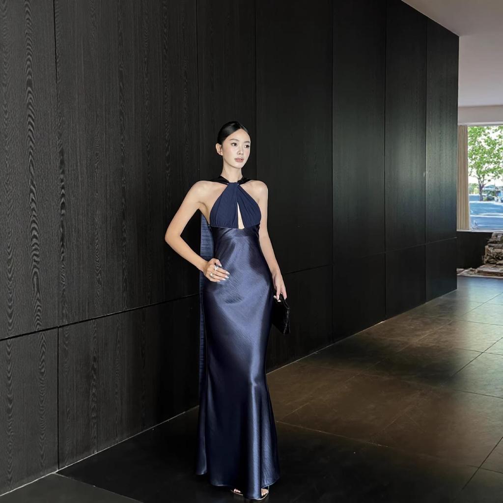 VENUIE French-Style Halter Neck Evening Gown - Women's Light Formal Party Dress