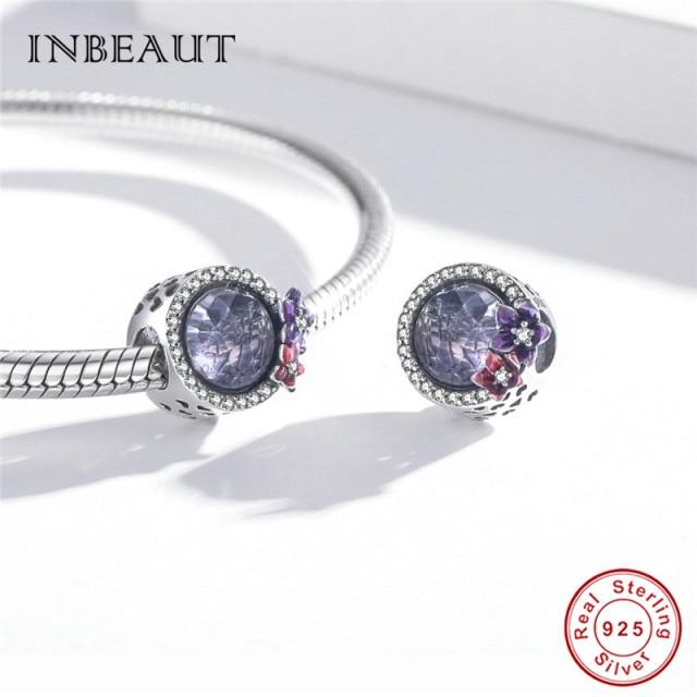Real 925 Sterling Silver Violet And Bird Charm Pendant Fit Brand Bracelet Animal Beads Delicate Jewelry For Women