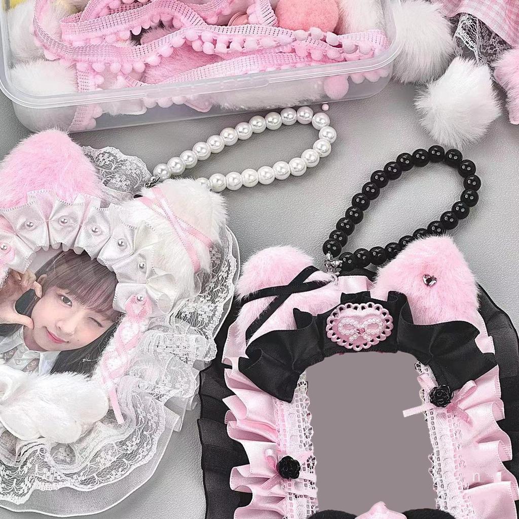 Elegant Faux Pearls Chain and Card Holder Necklace Keychain Photocard Sleeve Bag Pendant for Fashionable Women Girls