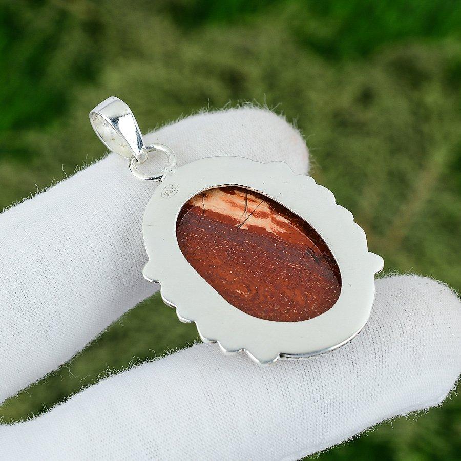 Sterling Silver Oval Red Snakeskin Jasper Gemstone Bezel Mother Pendant Jewelry