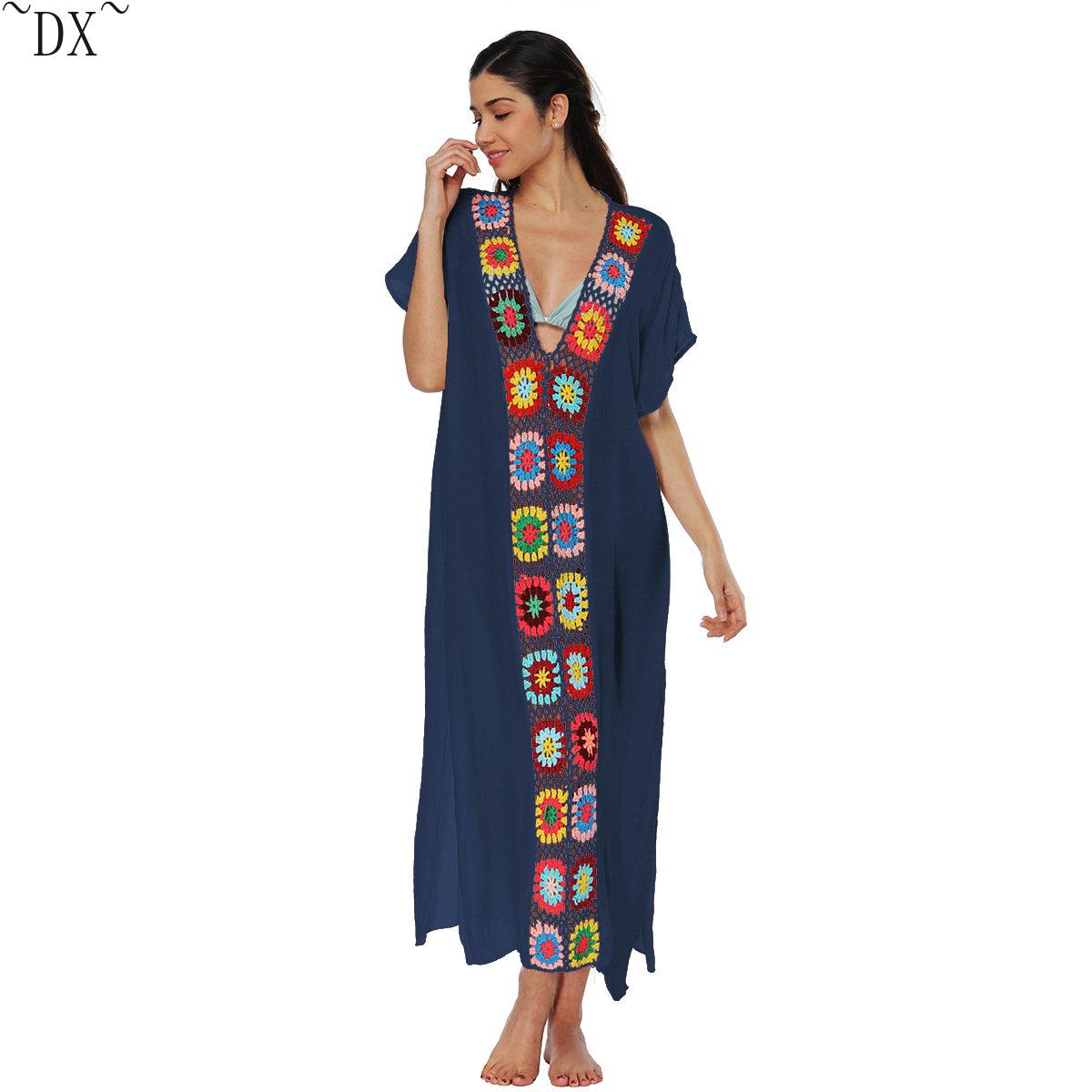 

DX ~ Лоскутное платье с крючком и разрезом, сексуальная длинная юбка, пляжная накидка One size темно-синий