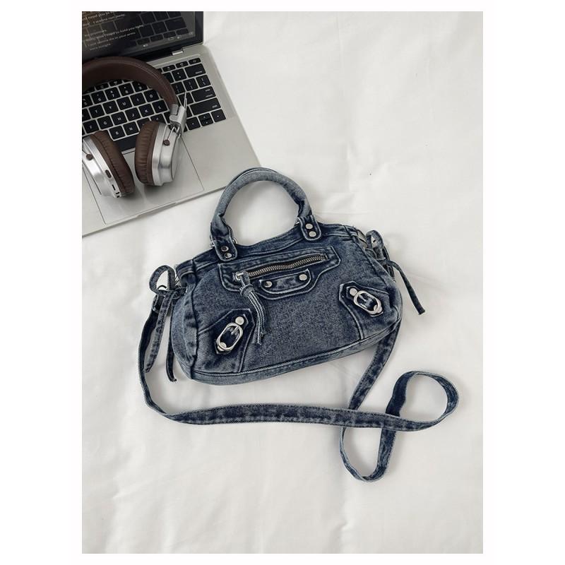 Retro Motorcycle Style Denim Handbag With Studs Chic Crossbody Shoulder Bag Women Streetwear Fashion Accessory