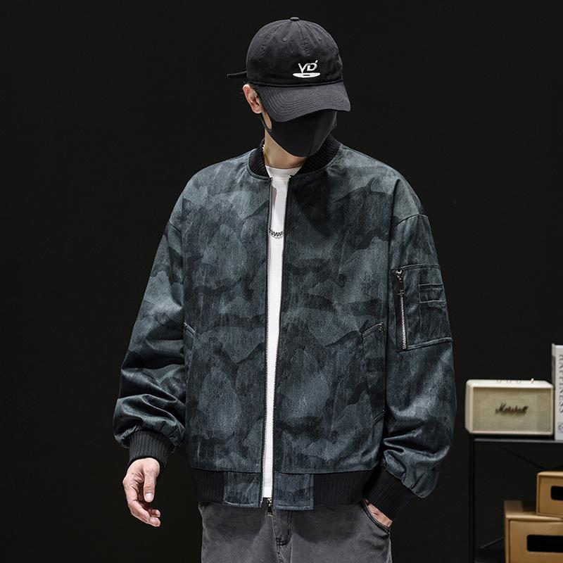 

Men s Teal Camo Print Bomber Jacket - Ribbed Collar Zipper Pocket Casual Streetwear Coat M чёрный