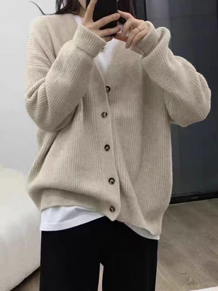 Women's Cozy V-Neck Wool Cardigan - Autumn/Winter, Loose Fit, Korean Fashion, 100% Pure Wool Knit Sweater.
