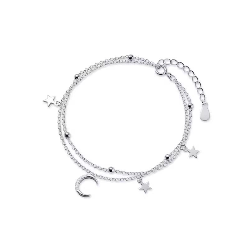 S925 Sterling Silver Star and Moon Double Layer Bracelet for Women - Summer Light Luxury Design