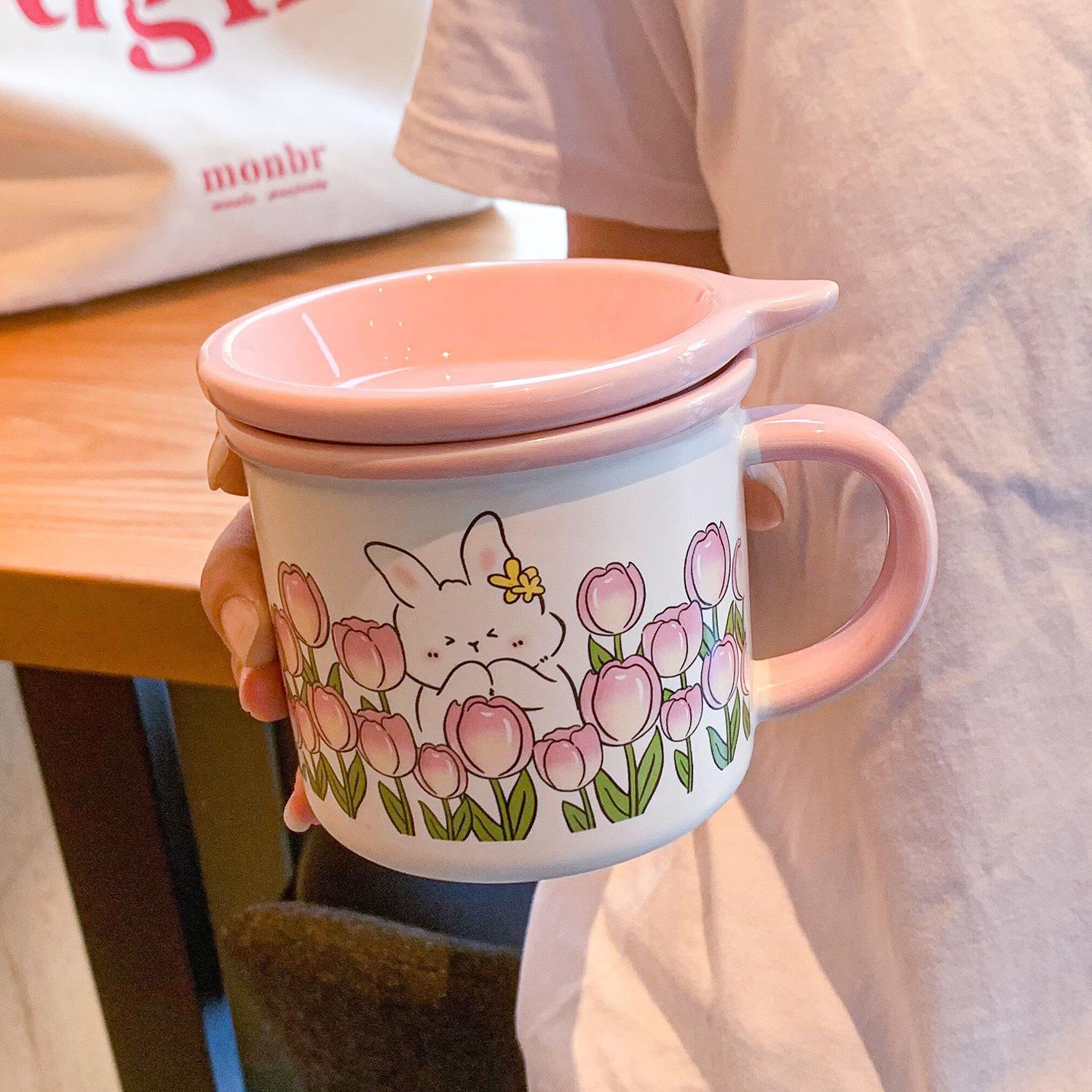 

Tulip Cup Rabbit Ceramic Water Cup High Looking Cute Girl Home Coffee Breakfast Cup Children Mug 301-400ml