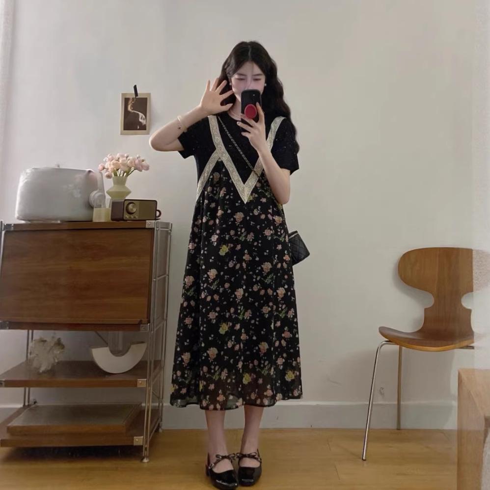 

Women s Plus Size Floral Print Faux Two-Piece Summer Dress - Short Sleeve, Loose Fit, Slimming, Retro Style. 4XL