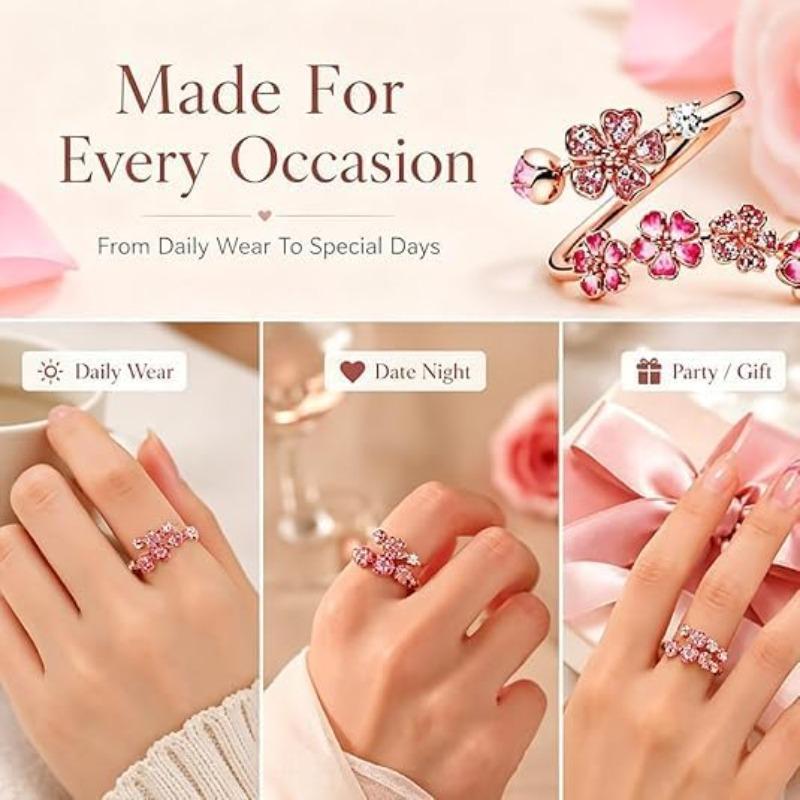 Anello regolabile, floreale rosa, anello aperto, stile femminile, design romantico con fiori di ciliegio, regalo di compleanno o per matrimonio