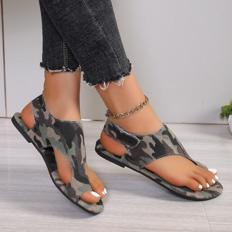 Summer new set of toe army green round head Velcro women's large size flat-bottomed slippers