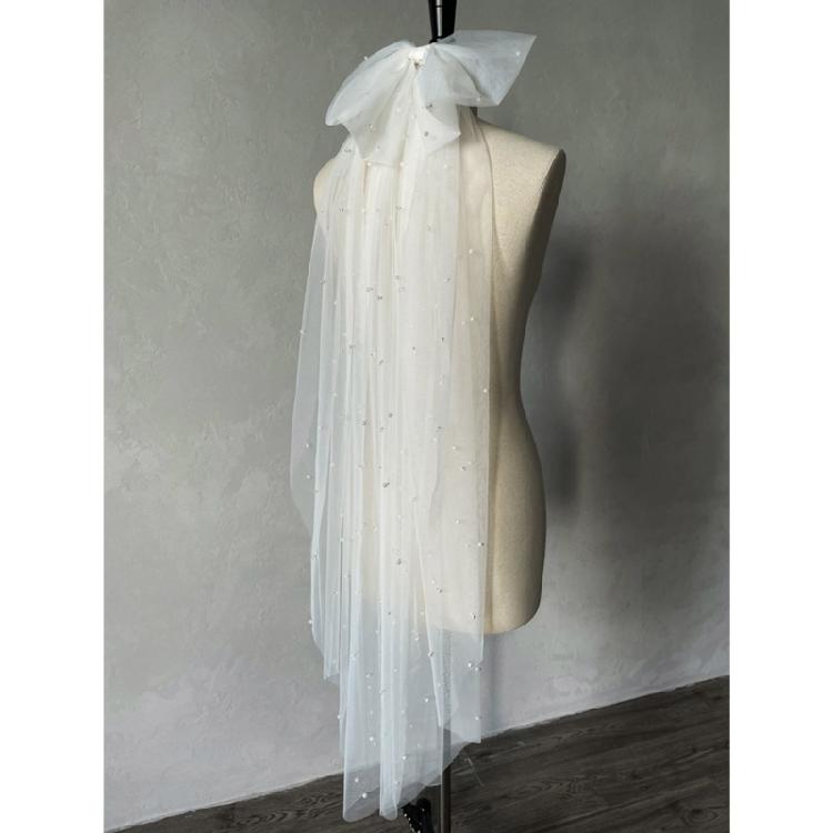 Flower Girl Veil Pearls Bow Hair Wedding Headpeice White Sheer Head Covering