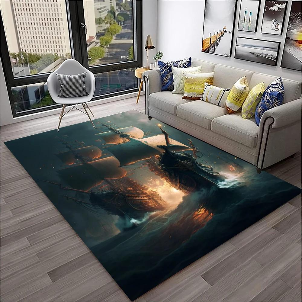 3D Piratenschiff Boot, Bark, Segelboot Teppich für Zuhause Wohnzimmer Schlafzimmer Sofa Fußmatte Dekor, Kinderbereich Teppich Rutschfeste Bodenmatte