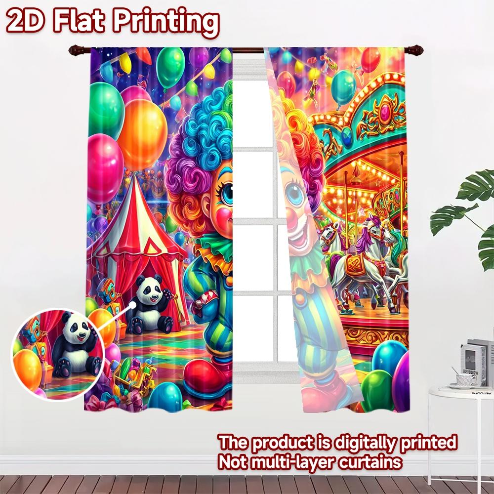 2D Flat Printing 2pcs Window Curtains Clown Circus Carnival Joy Digital Printed Polyester Drapes Festive Curtains for Indoor