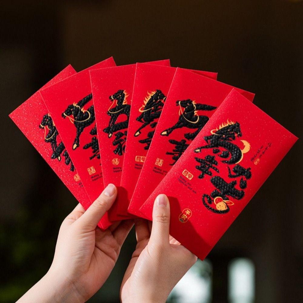 6pcs Cartoon New Year Red Envelopes Hongbao 2026 Horse Year Spring Festival Red Packets Traditional Blessing Words Money Pouch