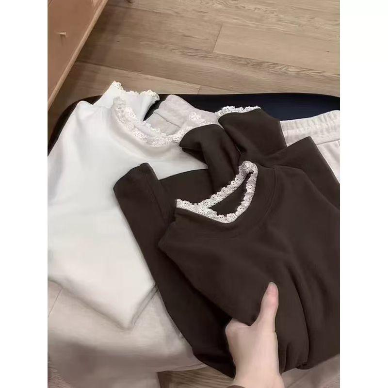 

Женская тонкая теплая базовая футболка большого размера с кружевом и высоким воротником, с длинным рукавом, для осени/зимы S (60-80 jin) белый