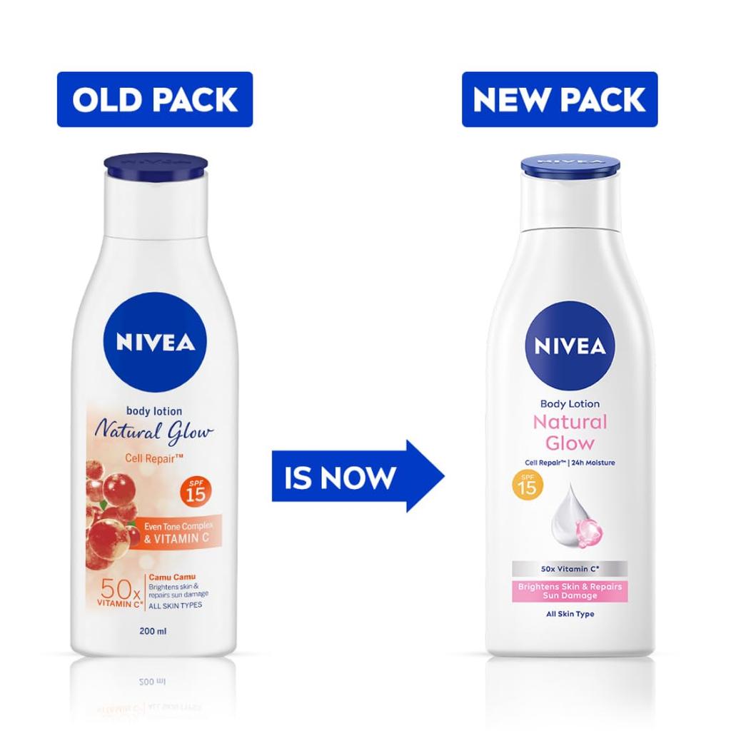 Nivea Natural Glow Body Lotion 200ml SPF 15 + 50X Vitamin C For Smooth Even Skin With Camu Camu & Acerola Cherry Extracts
