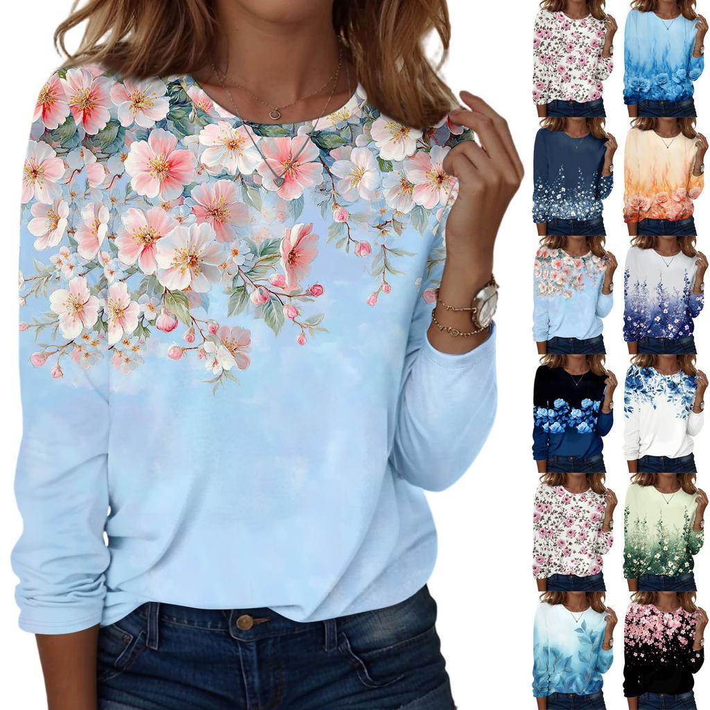Long Sleeve Shirts For Women Cute Print Graphic Tees Blouses Casual Plus Size Basic Tops Pullover