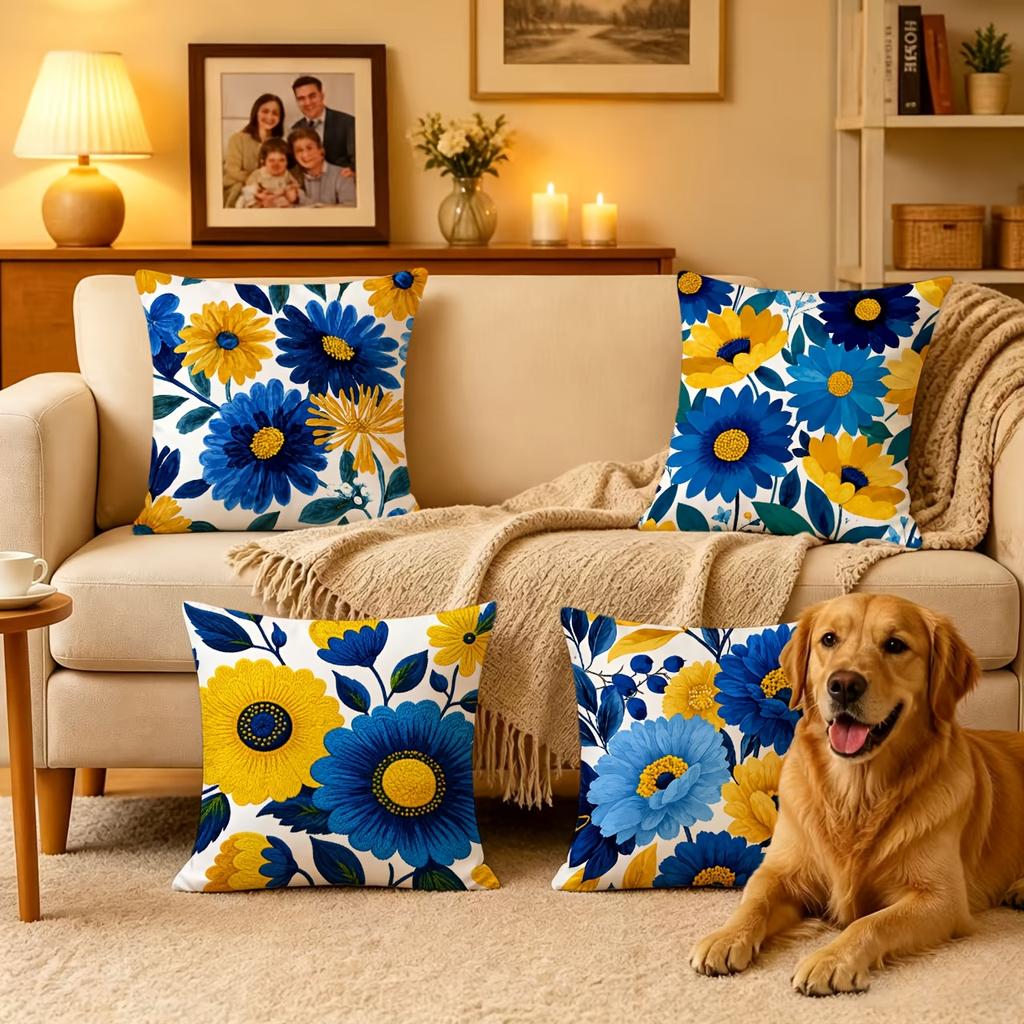 4pcs Set, Blue and Yellow Floral Daisy Print Pillowcases, Fresh Oil Painting Floral Style Home Decor Pillow Covers, Gift for Family, Friends, and Part