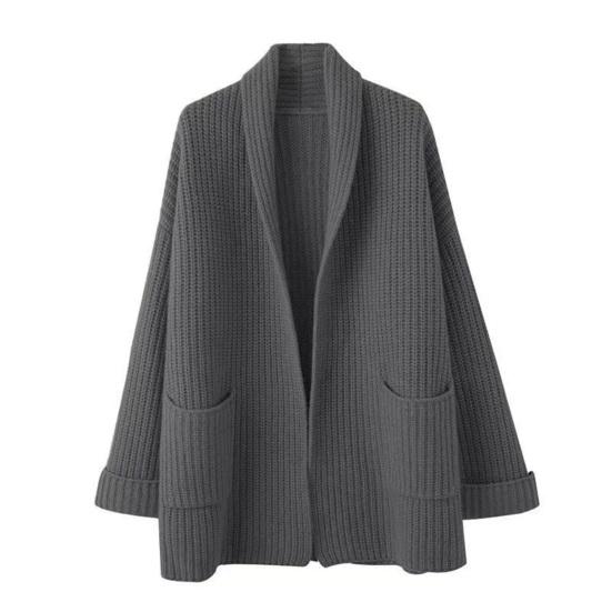 Sweater Coat Lapel Long Sleeve Open Front Knitting Sweater Coat with Pockets Solid Color Mid-length Casual