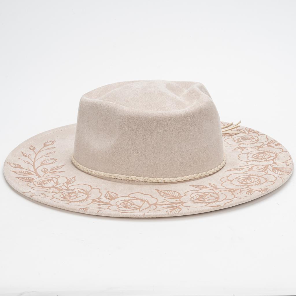 Source laser engraved suede top hat, rose pattern engraved woven fringed western cowboy hat